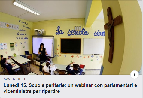 COMUNICATO STAMPA  GIA' OLTRE 1300 ISCRITTI AL WEB PRESSING DI LUNEDì 15.6.2020  PER LA SOPRAVVIVENZA DELLE PARITARIE E DEL PLURALISMO SCOLASTICO  A causa della crisi indotta dalla pandemia, il 30% di scuole paritarie potrebbe non riaprire a settembre.  Le scuole paritarie sono l'ultimo baluardo del pluralismo scolastico italiano.  Sono una ricchezza vera di vivaci e belle esperienze educative per i giovani.  Sono un risparmio enorme per lo Stato.  Perché, allora, lo stesso Stato non ne difende almeno la sopravvivenza in questo gravissimo momento storico, in cui con il c.d. "Decreto Rilancio" la Repubblica dichiara di voler sostenere tutti i soggetti penalizzati dalla crisi in corso?  Decine e decine di associazioni no profit, laiche e cattoliche,si sono mobilitate per questo specifico scopo.  In particolare, hanno convocato attorno alla richiesta di un impegno alto e libero da condizionamenti di schieramento tutti i gruppi parlamentari, che alla Camera stanno per convertire in legge proprio quel "decreto" intitolato -come detto- a un "rilancio", che, se non sarà per tutti diventerà, paradossalmente, una inaccettabile discriminazione, condannando alla sparizione "pezzi" di vita del Paese.  La risposta dei leader e dei gruppi parlamentari é stata straordinaria.  La risposta all'appuntamento web ancora di più. A due giorni dall'evento si contano oltre 1300 "complicate" iscrizioni all'incontro su zoom. Il web-pressing pro paritarie si candida così a essere uno degli incontri sulle piattaforme interattive web più partecipati di questo periodo, a dimostrazione che in Italia esiste ancora un "popolo" che ama la più grande ed essenziale libertà per ogni uomo e per una democrazia: la libertà di educare!  Rinasce lo spazio della speranza: lunedì 15 giugno dalle 12:45 sulla piattaforma zoom il noto giornalista Giancarlo Loquenzi modererà l'incontro "PIU' PARITA' PER LE PARITARIE, PIU' LIBERTA' PER TUTTI" e chiederà un preciso impegno per le scuole paritarie nei prossimi decisivi giorni di lavori parlamentari a (in ordine alfabetico):Paola BINETTI (Udc), Maria Elena BOSCHI (IV), Tiziana DRAGO (M5S), Maria Stella GELMINI (Fi), Giancarlo GIORGETTI (Lega), Stefano FASSINA (LEU), Piero FASSINO e Stefano LEPRI (PD), Maurizio LUPI (NCI), Giorgia MELONI (FdI), nonché ad Anna ASCANI, Viceministra alla Pubblica Istruzione, che si alterneranno collegandosi con la piattaforma.  L’incontro webinar sarà introdotto da un saluto scritto della Senatrice Maria Elisabetta Alberti Casellati, Presidente del Senato della Repubblica, che alleghiamo.