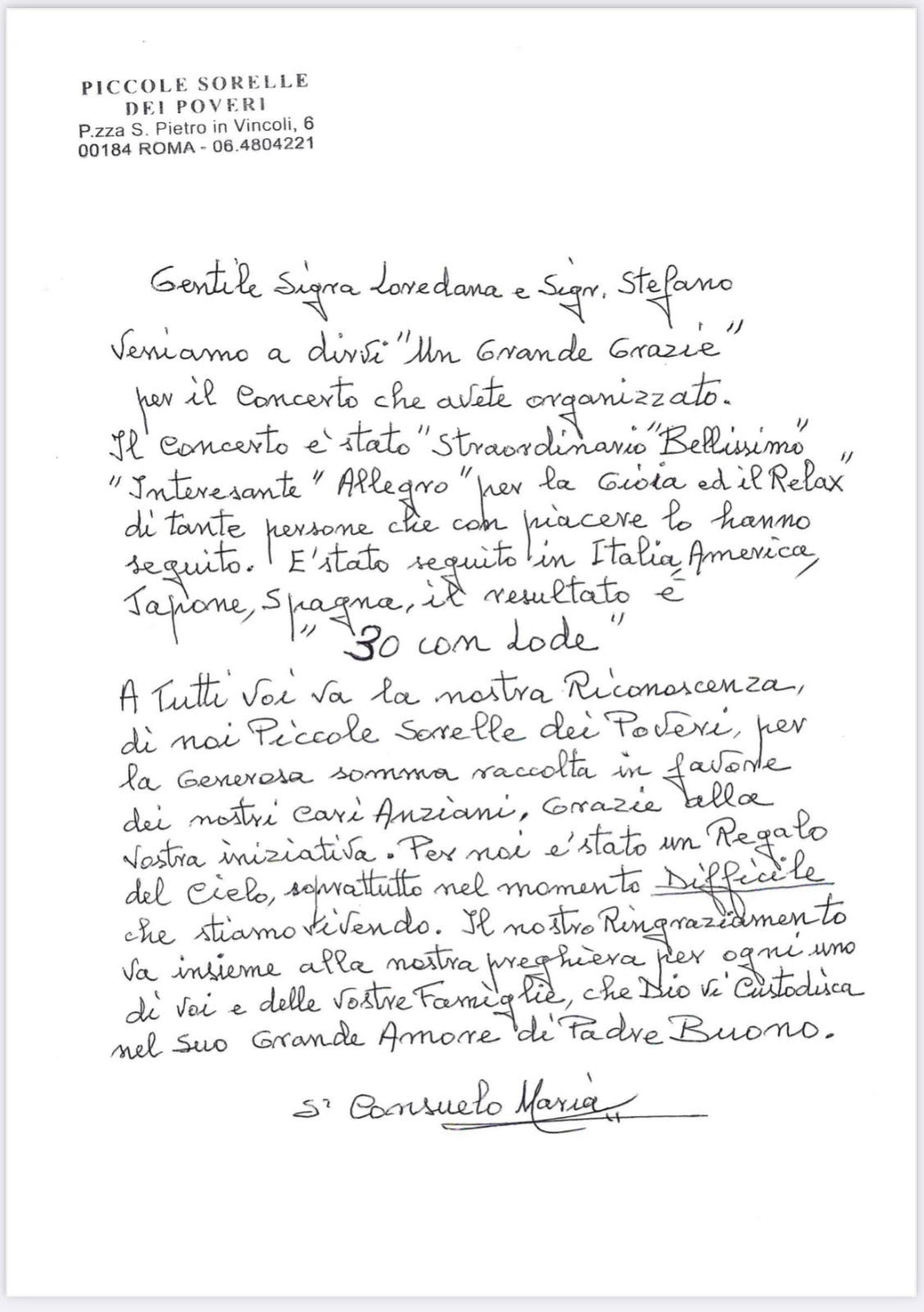 UNA BELLISSIMA LETTERA DI RINGRAZIAMENTO